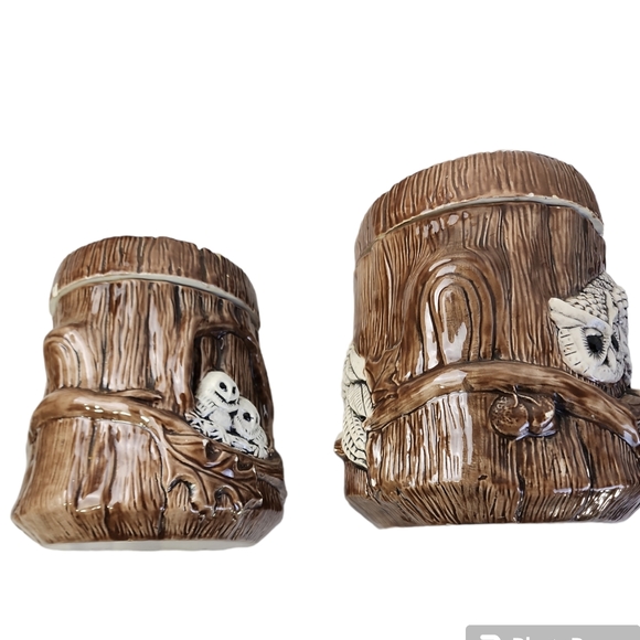 Vintage 1980 Owl Canister Set 2pc Double Sided With Acorn Pull Lids - Picture 4 of 11